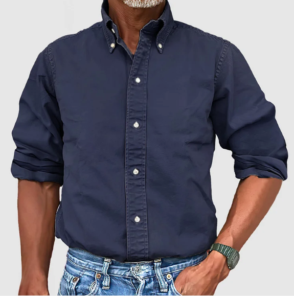 Heren Casual Overhemd Met Button-Down Kraag En Lange Mouwen in Marineblauw