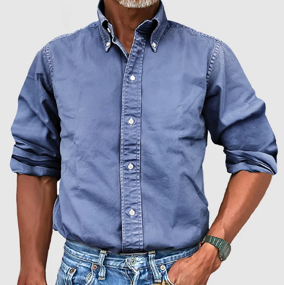 Heren Casual Overhemd Met Button-Down Kraag En Lange Mouwen in Blauw