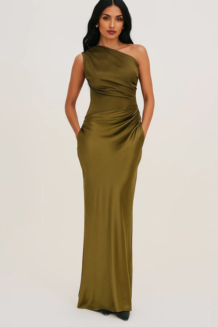 Dames Lange Galajurk Met One Shoulder En Gedrapeerde Taille in Olijfgroen