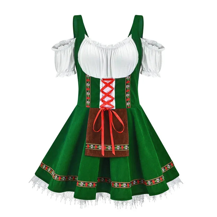 Dirndl jurk in groen met rode veters en kanten zoom