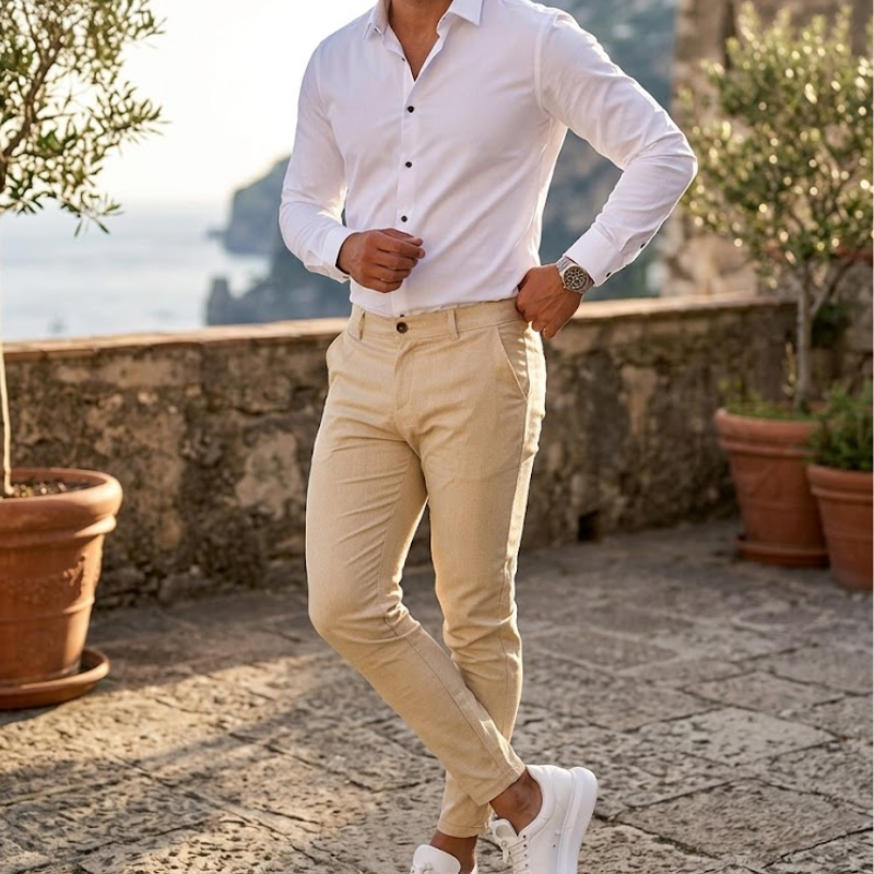 Slim fit chino broek voor heren met riemlussen Modehuis-Nederland