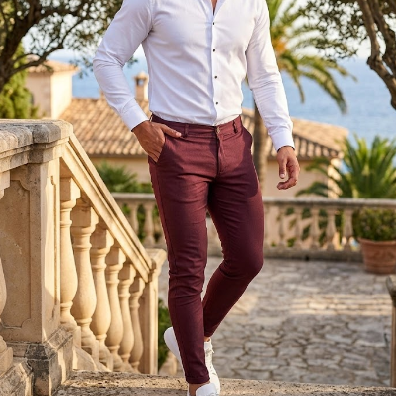 Slim fit chino broek voor heren met riemlussen Modehuis-Nederland