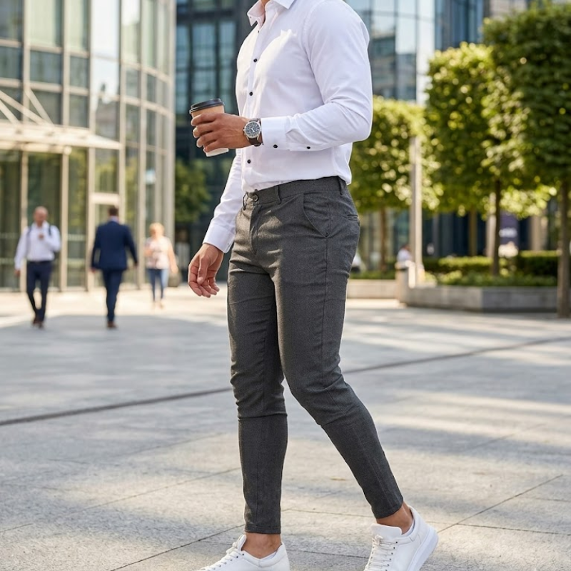 Slim fit chino broek voor heren met riemlussen Modehuis-Nederland