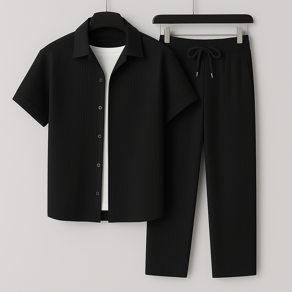Heren Tweedelige Set Met Structuuroverhemd En Lange Broek in Zwart