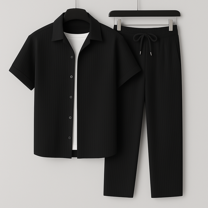 Heren Tweedelige Set Met Structuuroverhemd En Lange Broek in Zwart