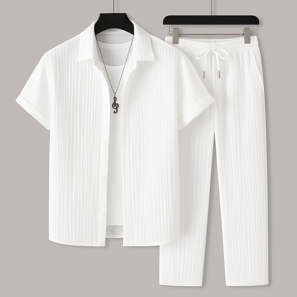 Heren Tweedelige Set Met Structuuroverhemd En Lange Broek in Wit