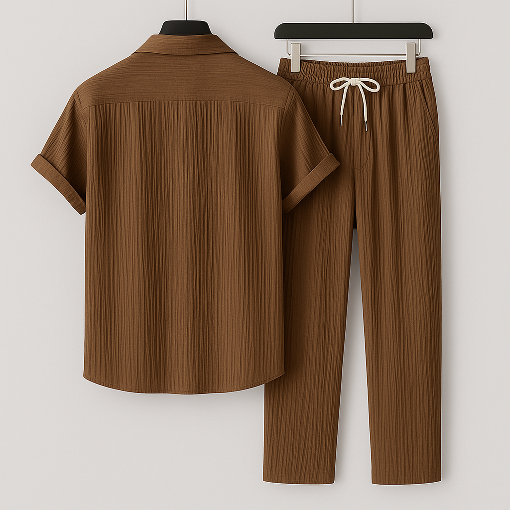Heren Tweedelige Set Met Structuuroverhemd En Lange Broek detailfoto 4
