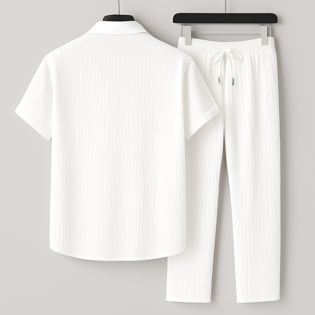 Heren Tweedelige Set Met Structuuroverhemd En Lange Broek detailfoto 5