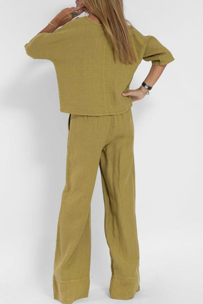 Dames Co Ord Set Wijde Broek en Top Korte Mouw