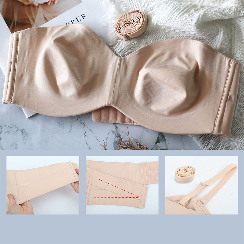 Beige bh met losse bandjes en detail van de band