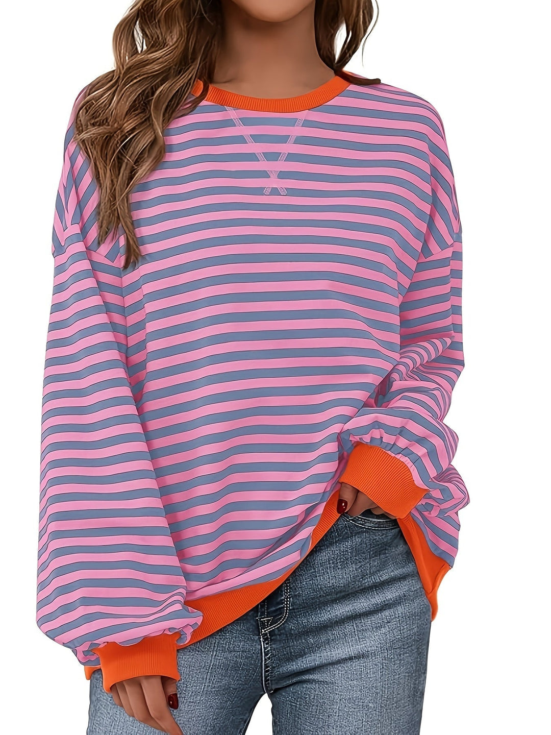 Dames sweatshirt met streepdessin en contrastboorden - afbeelding 10