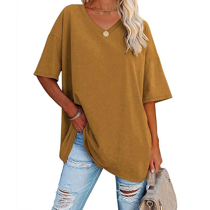 Dames oversized T-shirt met V-hals in Karamel