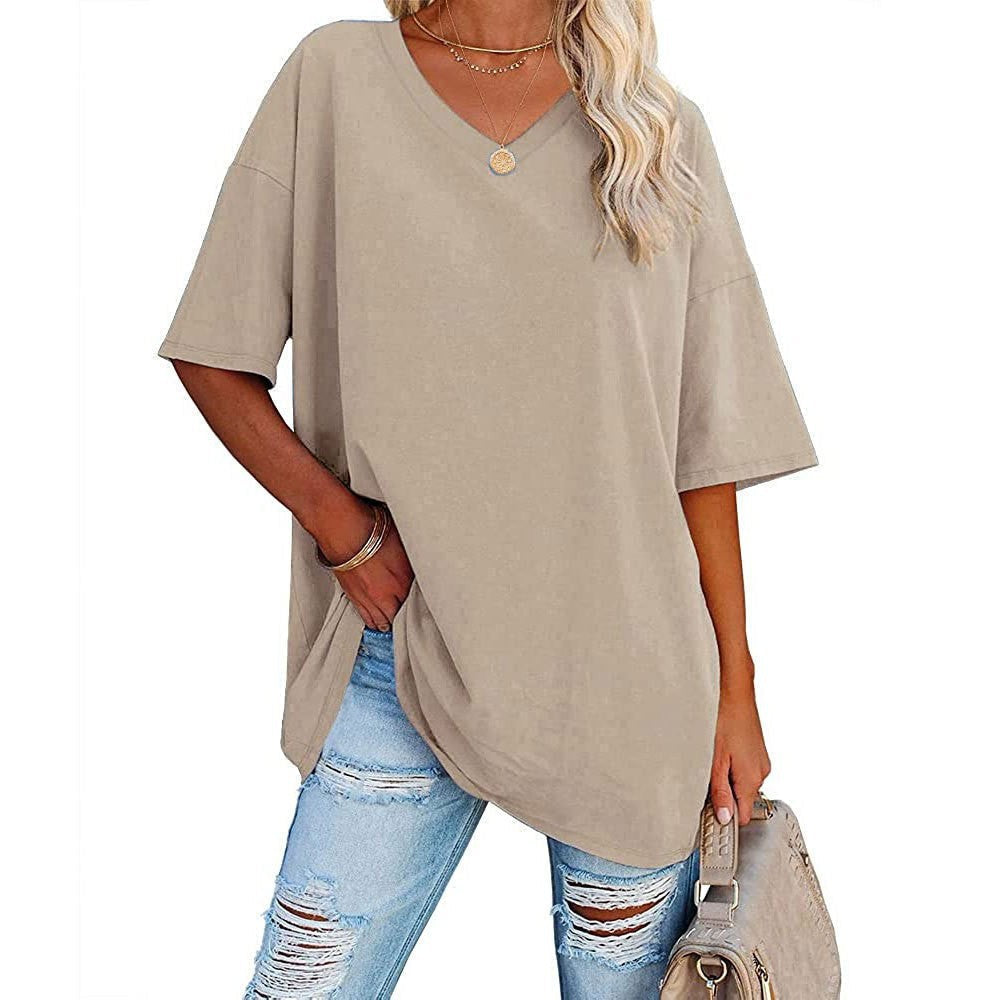 Dames oversized T-shirt met V-hals in Beige