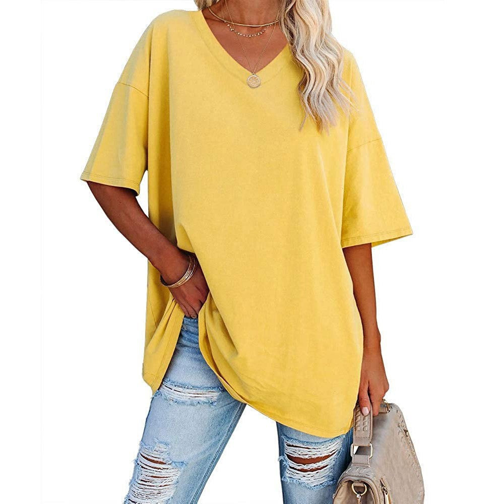 Dames oversized T-shirt met V-hals in Geel