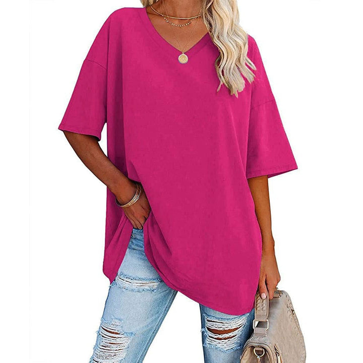 Dames oversized T-shirt met V-hals in Fuchsia
