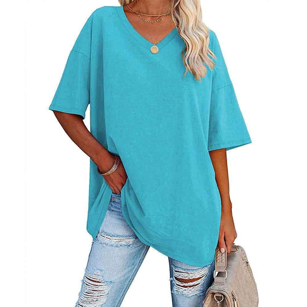 Dames oversized T-shirt met V-hals in Turquoise