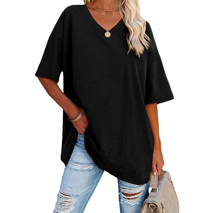 Dames Oversized T-shirt Met V-hals En Verlaagde Schouders in Zwart