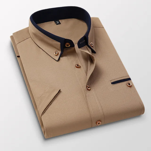 Heren overhemd korte mouwen khaki met donkere contrastkraag