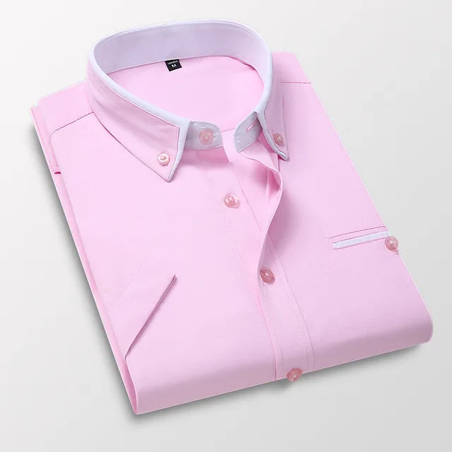 Heren overhemd korte mouwen roze met witte button-down kraag