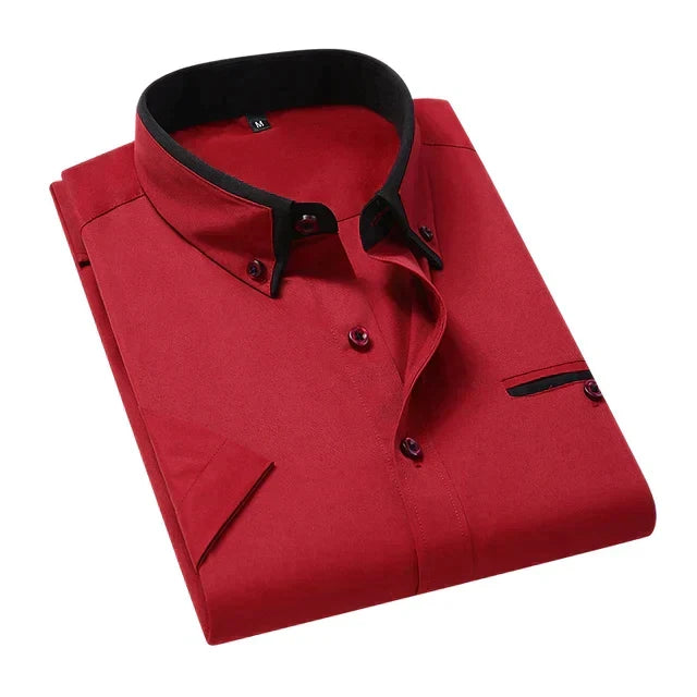 Heren overhemd korte mouwen rood met zwarte contrastkraag