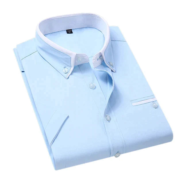 Heren overhemd korte mouwen lichtblauw met witte button-down kraag