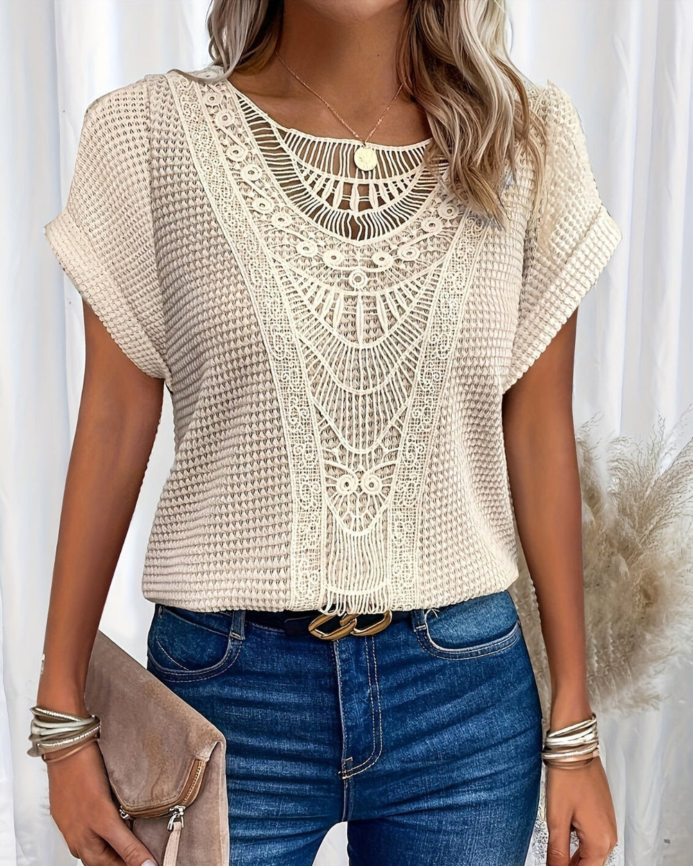 Dames Top Met Kantpaneel En Losvallende Pasvorm in Beige
