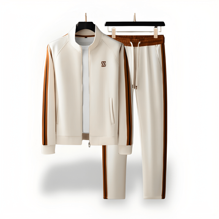 Heren Trainingspak Met Opstaande Kraag En Streepdessin in Beige