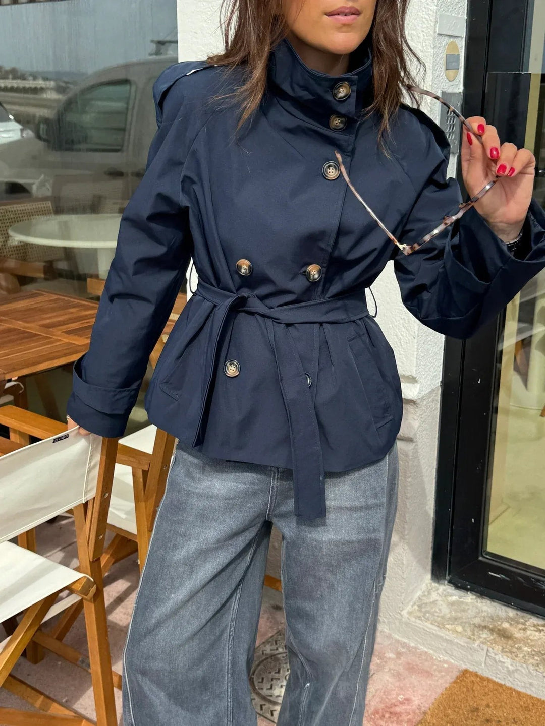 Dames Getailleerde Trenchcoat Met Taillegordel in Donkerblauw