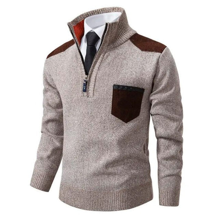 Heren trui met halve rits en contrastdetails