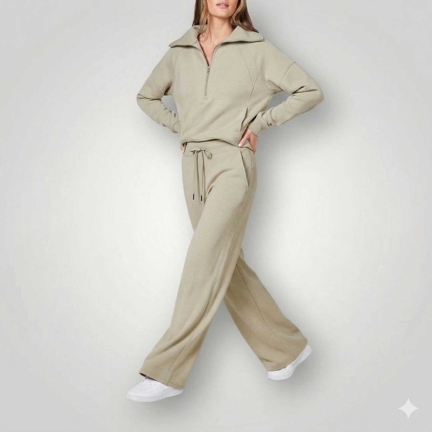 Trui met halve rits voor dames en wijde broek  Co-ord set Modehuis-Nederland