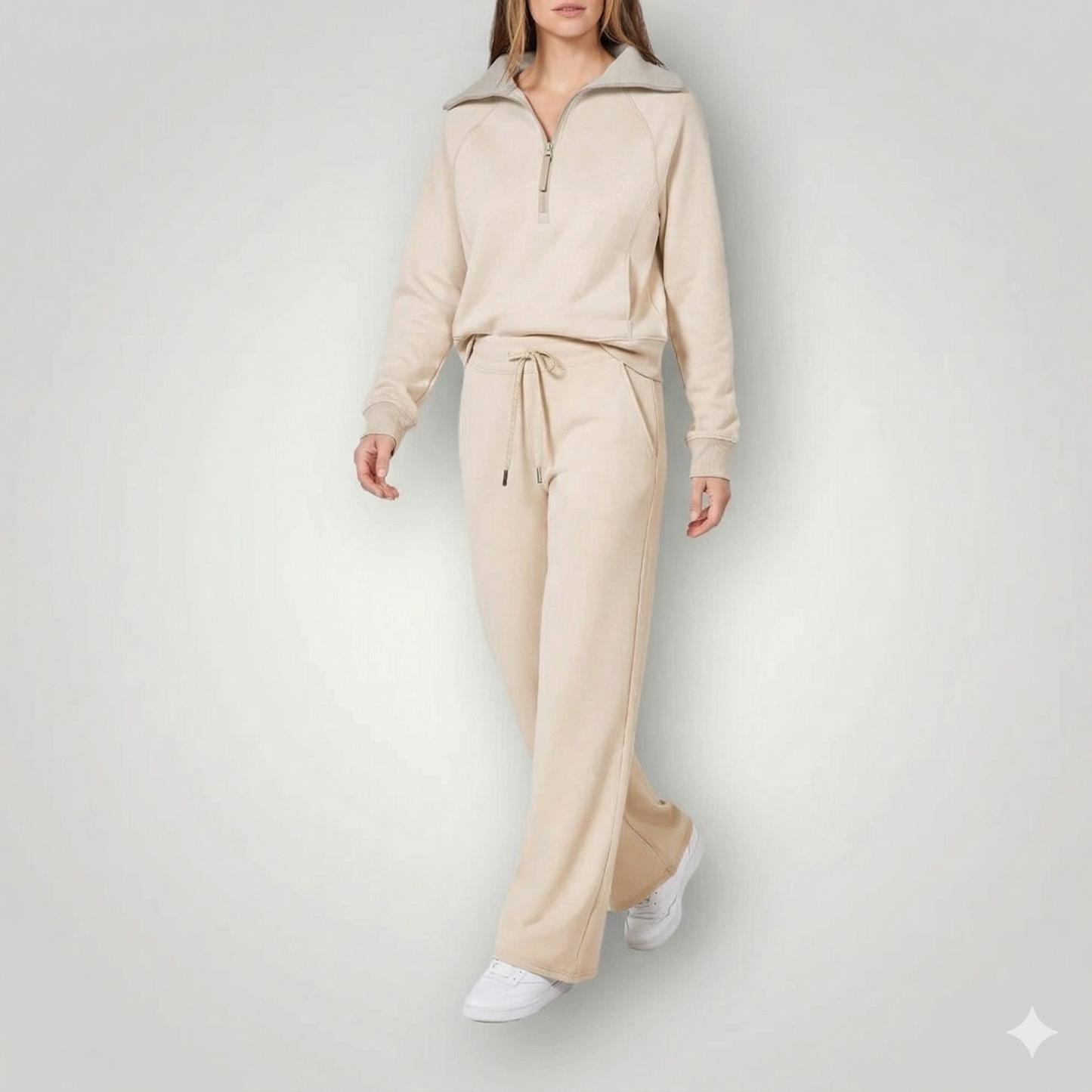 Trui met halve rits voor dames en wijde broek  Co-ord set Modehuis-Nederland