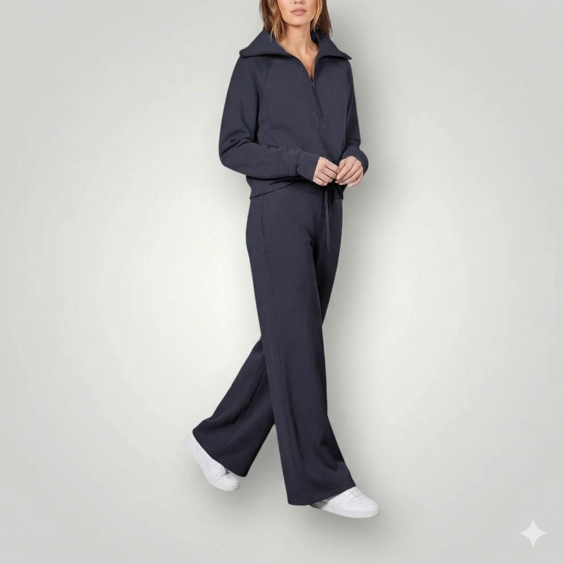 Trui met halve rits voor dames en wijde broek  Co-ord set Modehuis-Nederland