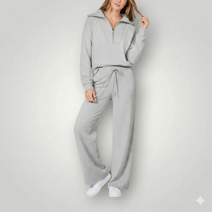 Trui met halve rits voor dames en wijde broek  Co-ord set Modehuis-Nederland