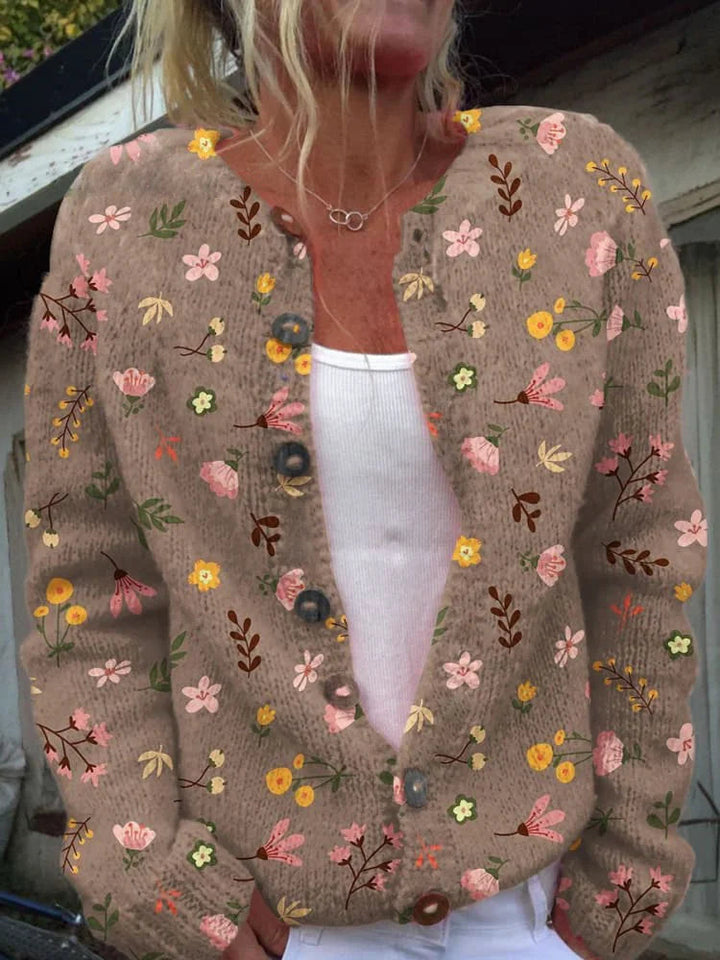 Dames gebreid vest met bloemenprint en knoopsluiting 2