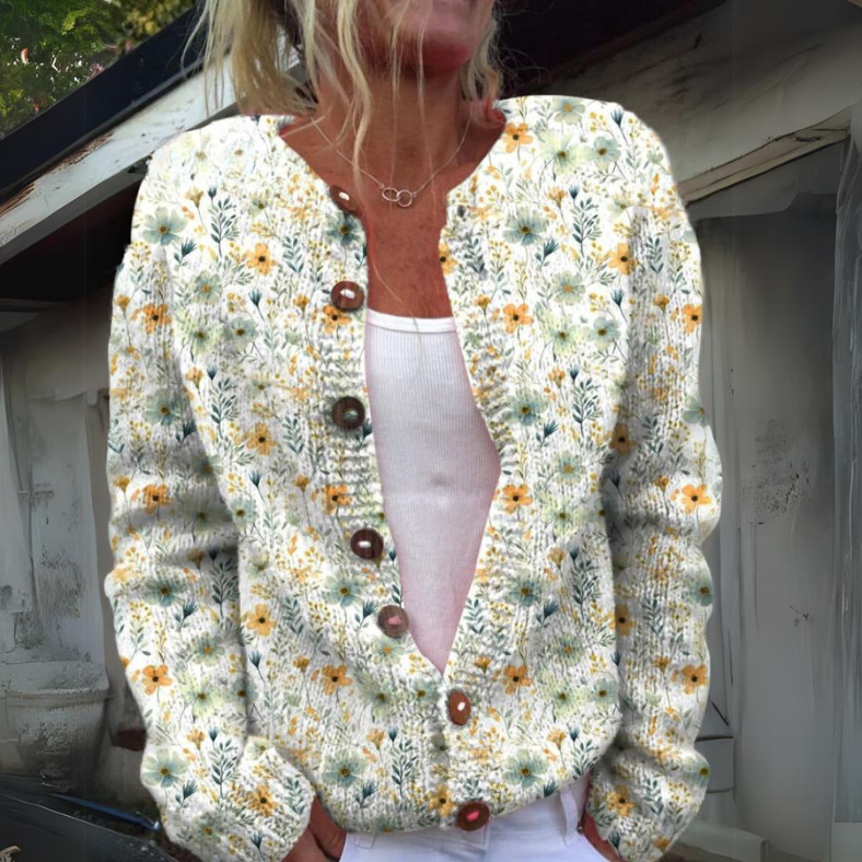 Dames gebreid vest met bloemenprint en knoopsluiting 3