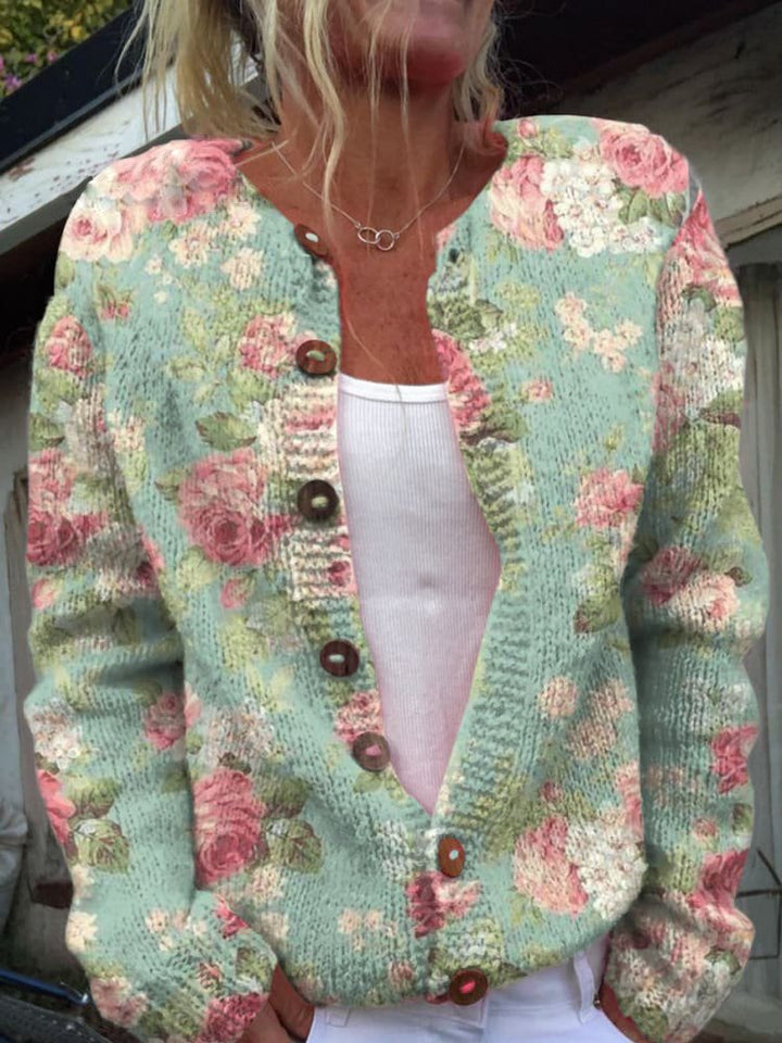 Dames gebreid vest met bloemenprint en knoopsluiting 4