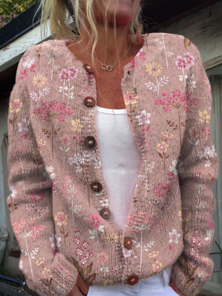 Dames gebreid vest met bloemenprint en knoopsluiting 5