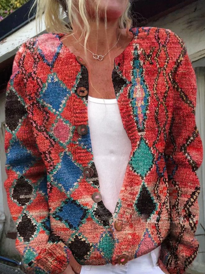 Dames gebreid vest met bloemenprint en knoopsluiting 6