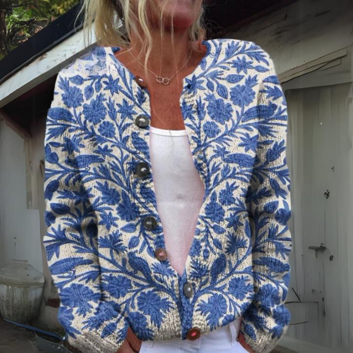 Dames gebreid vest met bloemenprint en knoopsluiting