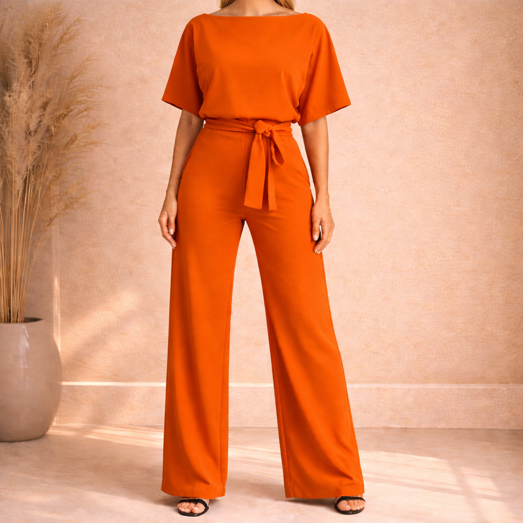 Dames Jumpsuit Met Wijde Pijpen En Strikceintuur in Oranje
