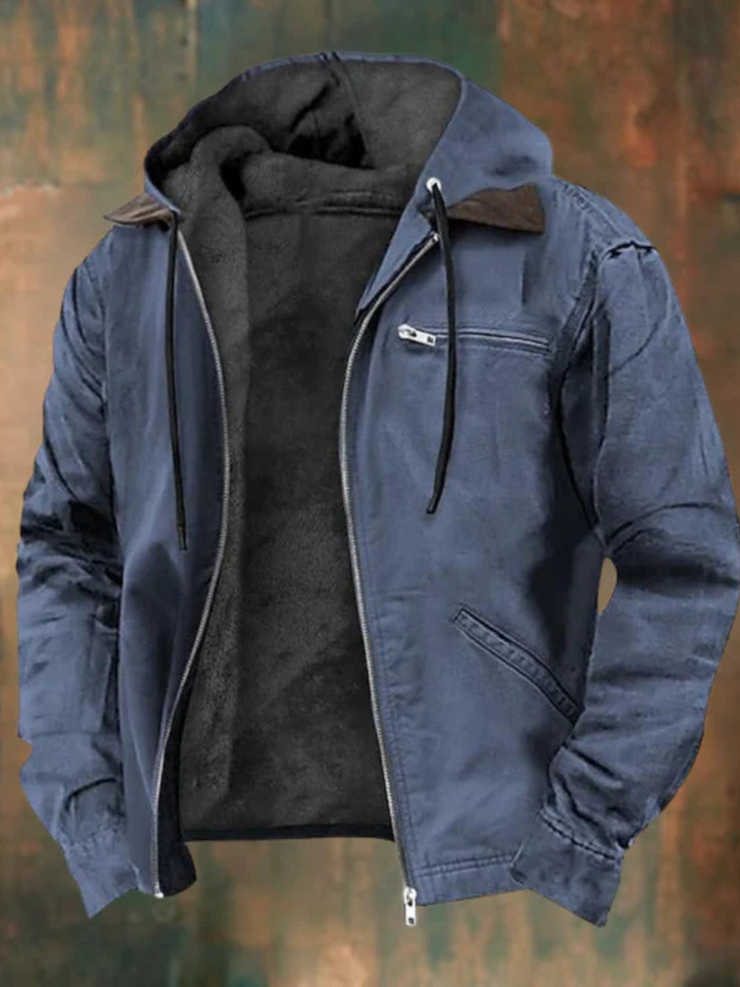 Heren Gevoerde Winterjas Met Capuchon En Borstzak Met Rits in Blauw