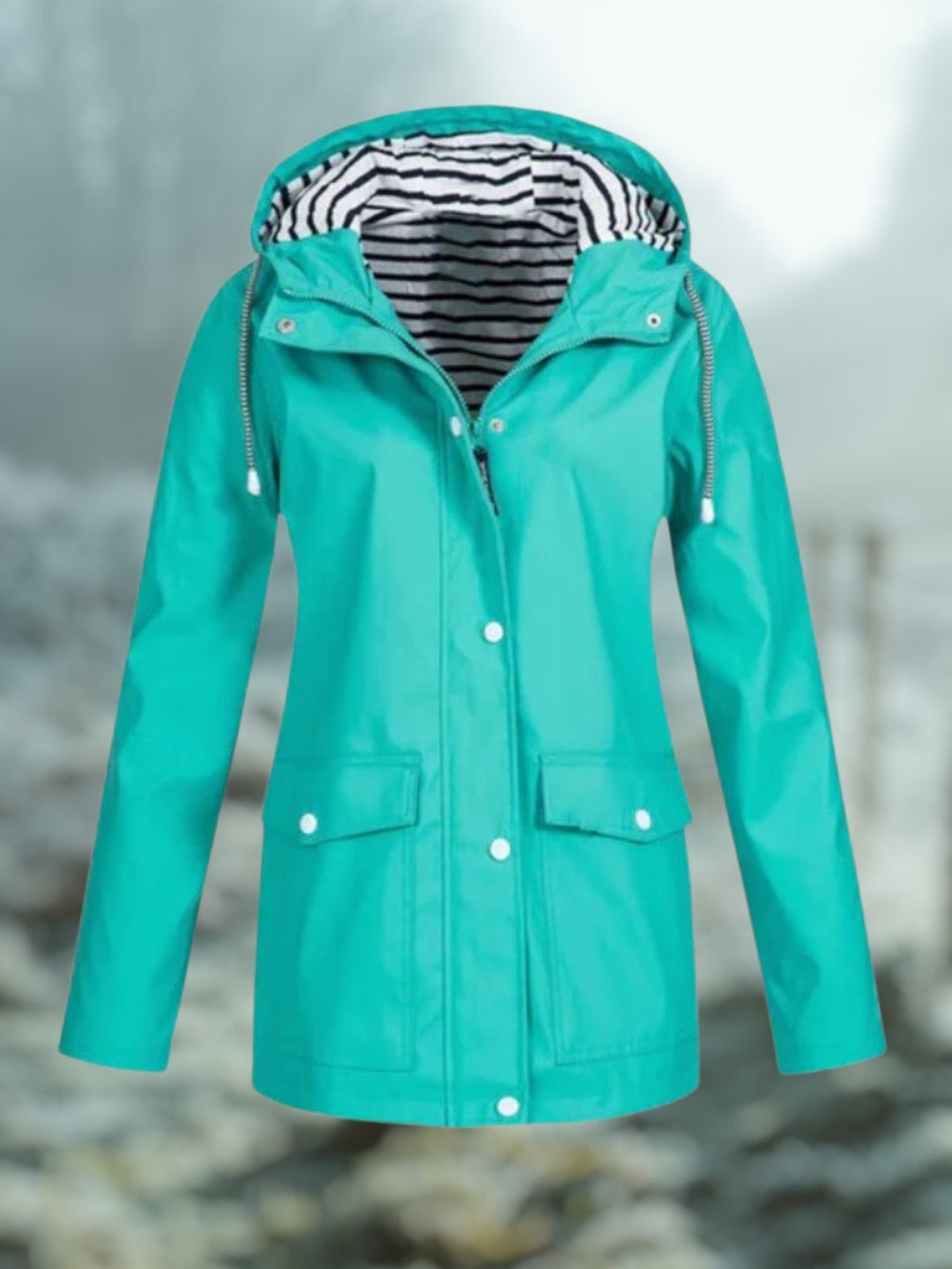Dames Halflange Regenjas Met Capuchon En Gestreepte Voering in Turquoise