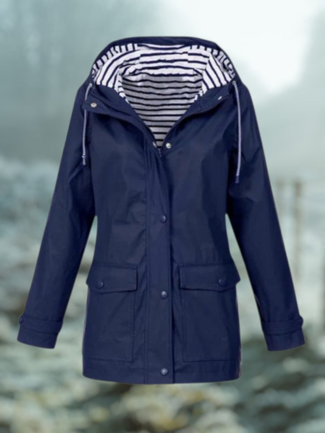 Dames Halflange Regenjas Met Capuchon En Gestreepte Voering in Marineblauw