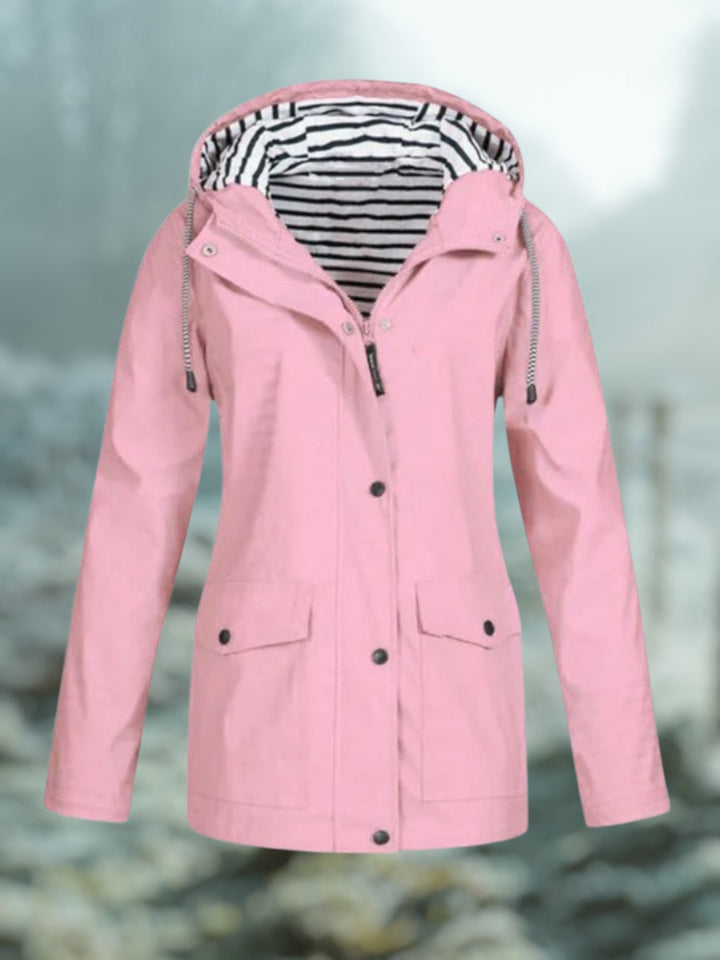 Dames Halflange Regenjas Met Capuchon En Gestreepte Voering in Roze