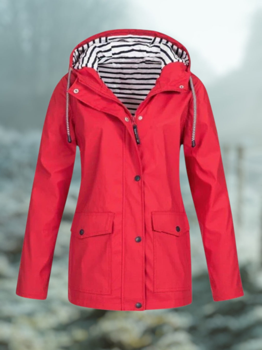 Dames Halflange Regenjas Met Capuchon En Gestreepte Voering in Rood