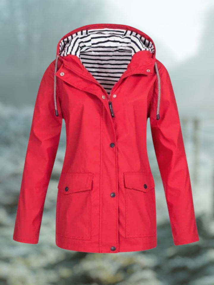 Dames Halflange Regenjas Met Capuchon En Gestreepte Voering in Rood