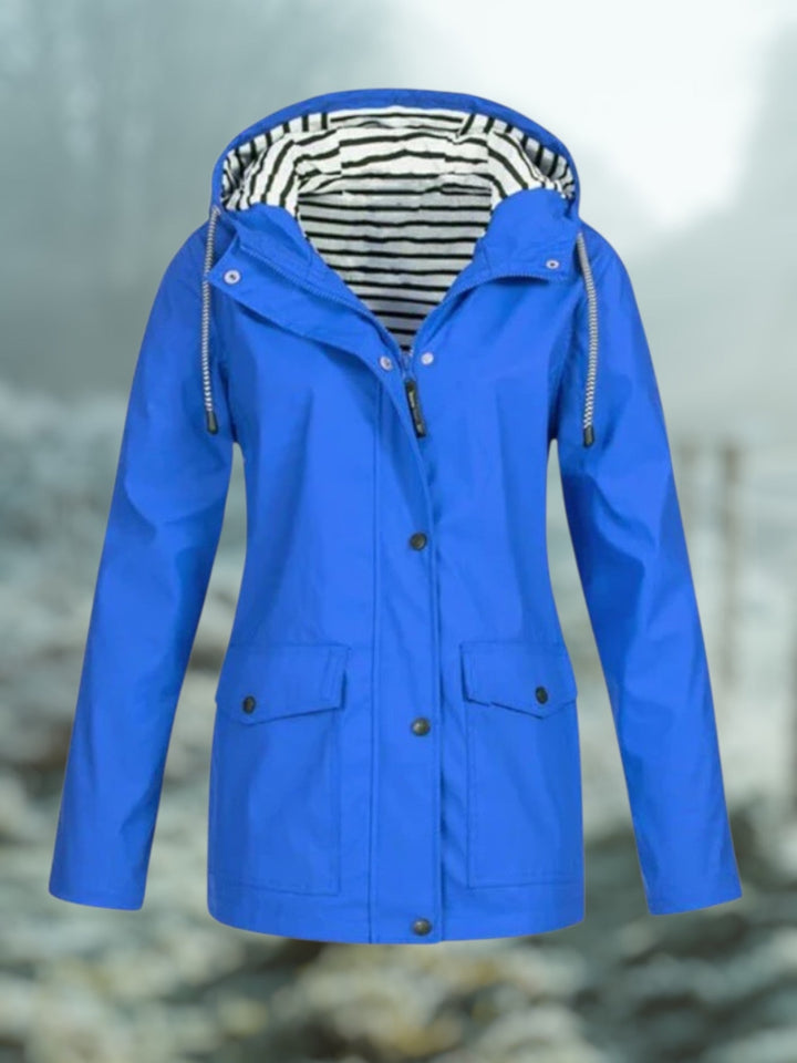 Dames Halflange Regenjas Met Capuchon En Gestreepte Voering in Blauw