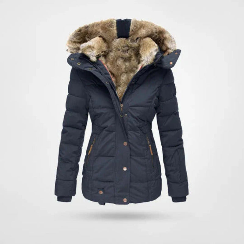 Dames Winterjas Met Gevoerde Capuchon En Dubbele Sluiting in Blauw