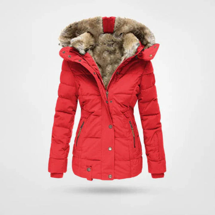 Dames Winterjas Met Gevoerde Capuchon En Dubbele Sluiting in Rood