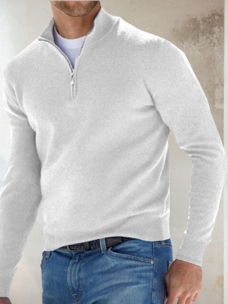 Heren Zip Trui Met Halve Rits En Geribde Afwerking in Wit
